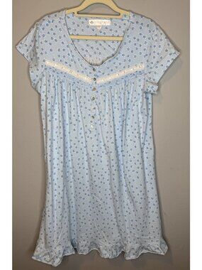 Eileen West Medium Nightgown Dress Blue Short Sleeve Knee Length Floral Pajama